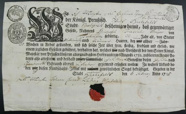 Bielefeld:  Zeugnis  / Gesellenbrief vom 6.2.1785 - div. Stempel und 1 Siegel