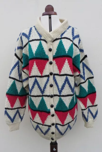 Cardigan vintage anni '80 lana grossa lavorato a mano geometrico jacquard oversize