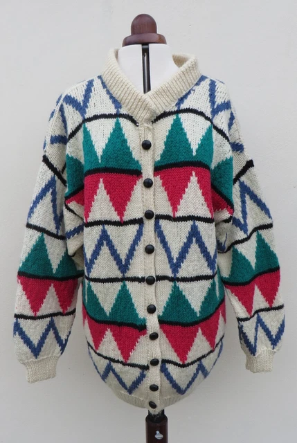 Cardigan vintage anni '80 lana grossa lavorato a mano geometrico jacquard oversize