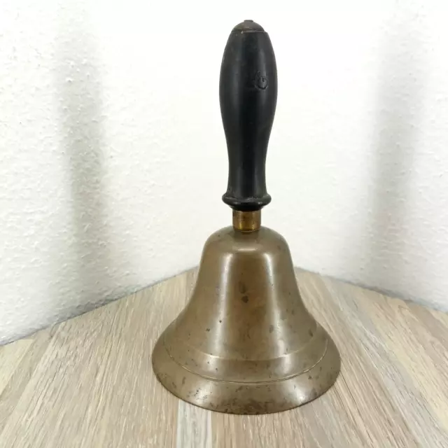 Antique Teachers Brass School Bell Hand Held Wood Handle Desk Bell