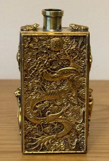 Antique Brass Chinese Embossed Snuff Bottle Dragon  Guangxu