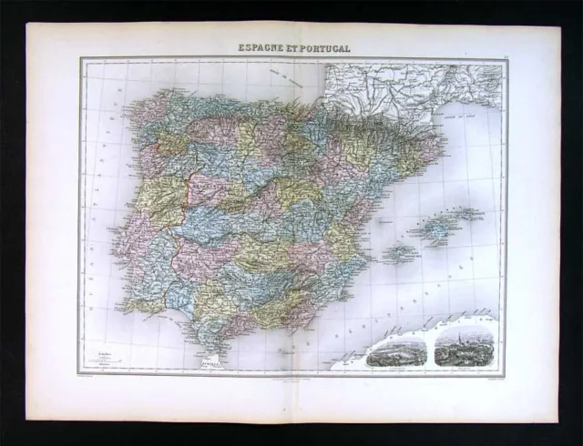 1880 Migeon Map - Spain Portugal Gibraltar Toledo Braga - Lisbon Madrid Vignette