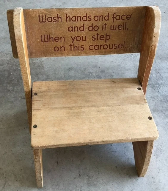 VINTAGE CHILDS WOODEN Folding Chair/Steps Stool Childs Saying on Seat
