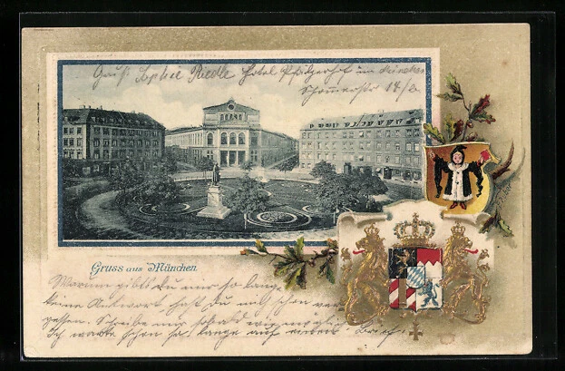 PASSEPARTOUTLITHOGRAPHIE MÜNCHEN, GÄRTNERPLATZ mit Theater, Wappen