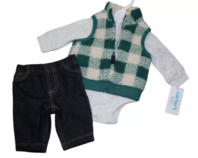 Carters Baby Boy  Green Sherpa Vest 3pc Outfit Set NB Newborn 12M  12 months NWT