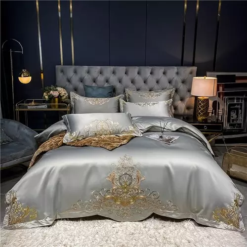 Luxury Champagne Satin Silk Cotton Gold Embroidery Bedding Set Silky Bed Linen