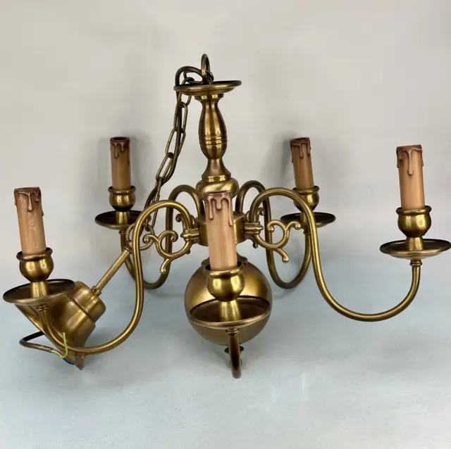 Vintage French Traditional  Flemish Style 5 Arm Brass Ceiling Light Chandelier
