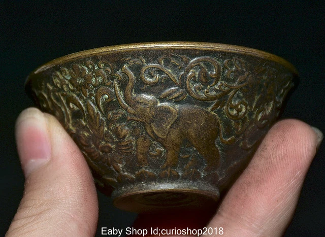 2.4" Marked Antique Old Chinese Bronze Dynasty Palace Elephant Flower Bowl Bowls