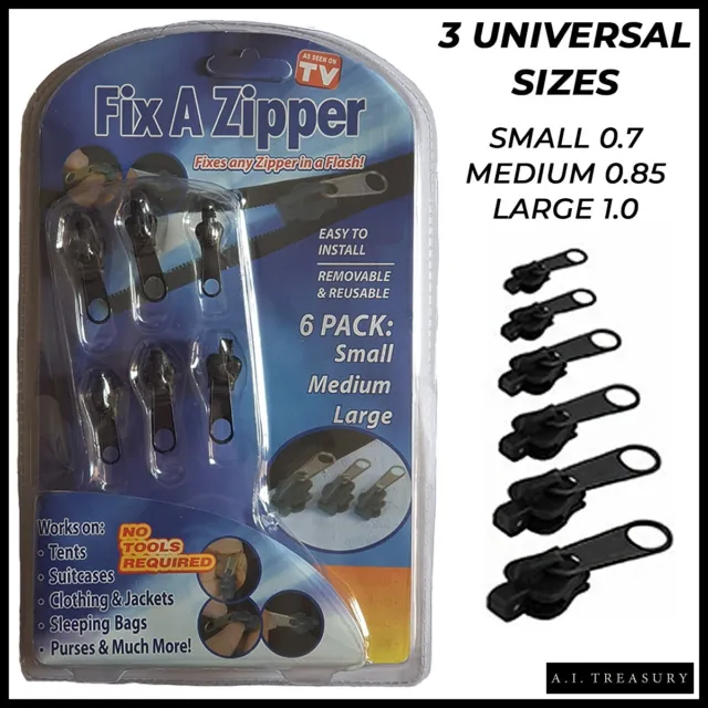 FIX A ZIPPER Tool 3 Sizes Universal Replacement Instant Zip Slider Repair Kit