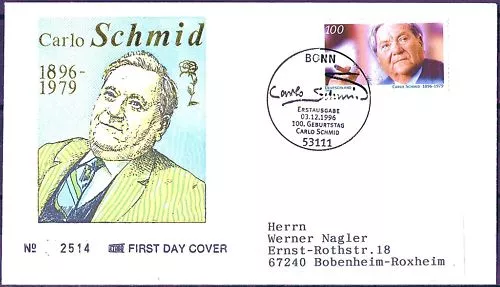 BRD 1996: Carlo Schmid FDC der Nr 1894 mit Bonner Sonderstempel! Gelaufen! 21-01