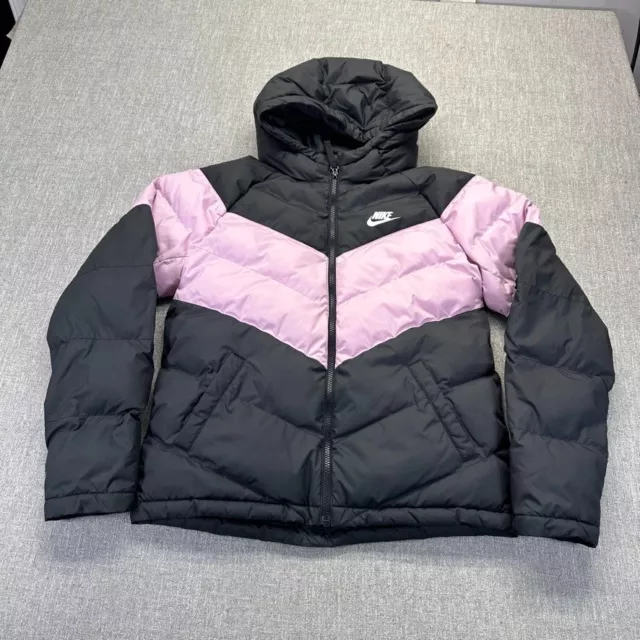 Nike Puffer Jacket Girls XL Pink Black Full Zip Hooded Quilted Swoosh