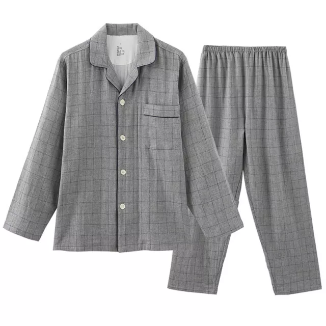 Mens Double Layer Gauze Classic Plaid Pajamas Long Sleeve Button-Down Nightwear