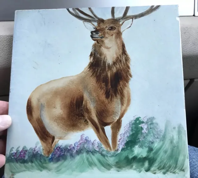 Wonderful 19th c. Hand Painted MINTON HOLLINS & CO Tile of a Buck Deer 8”