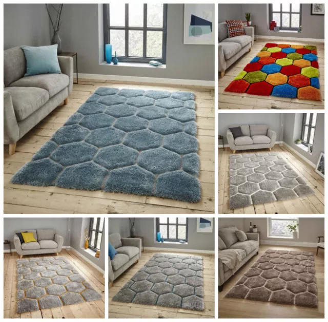 3D Geometric HoneyComb Hexagon Rugs Handmade Super Soft Thick Pile Shaggy Rug UK