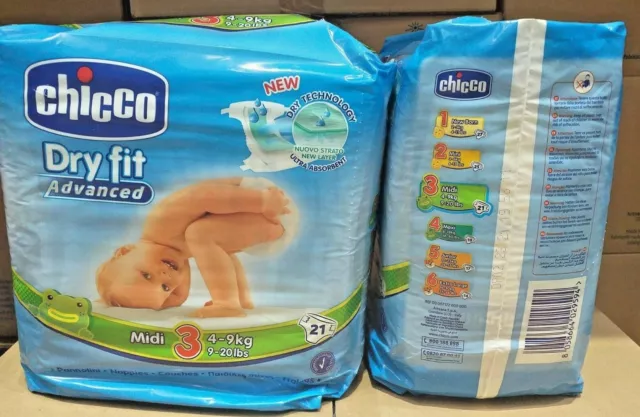 7 Pacchi (147 Pannolini) Chicco Dry Fit Advanced Pannolino Midi Tg. 3 (4-9 Kg)