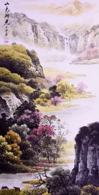 ORIENTAL ASIAN ART CHINESE FAMOUS SANSUI WATERCOLOR PAINTING-Mountains&flower