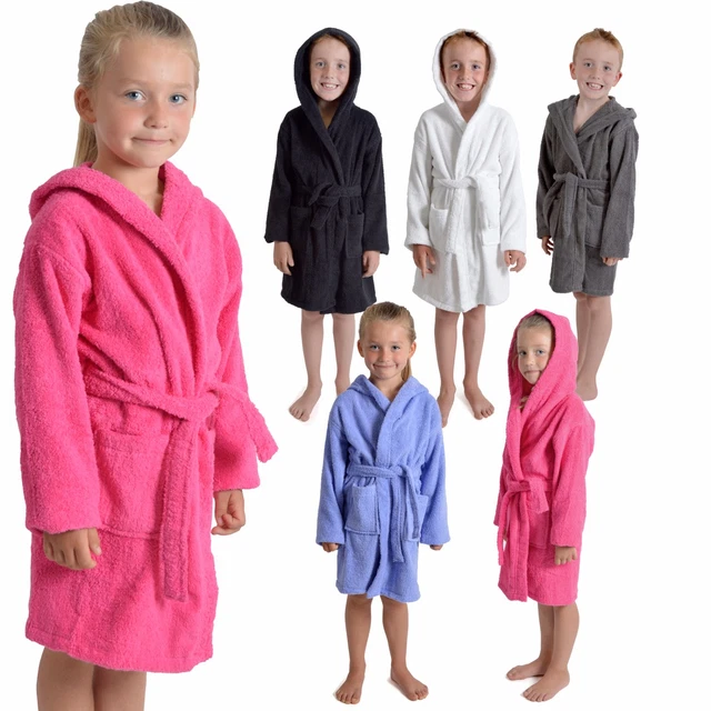 Kids Childrens 100% Cotton Bathrobe Terry Towelling Hooded Bath Robe Gown 7 - 13