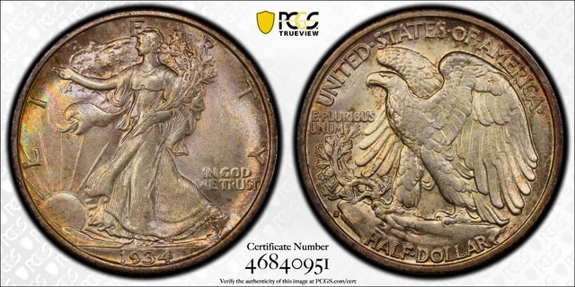 1934 S Walking Liberty Half Dollar Pcgs Ms63 Enchanting Irridescent Rainbow Tone