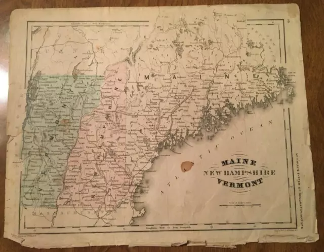 1863 Me-Nh-Vt Orig Pre-Civil War Map Page From Mitchell's School Geography