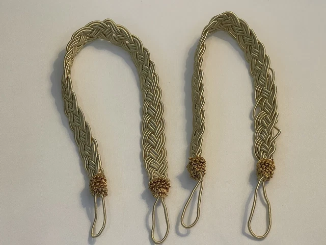 Pair Of Gold Braided Rope Curtain Drapes Tie Backs Loop Closure Elegant Luxury