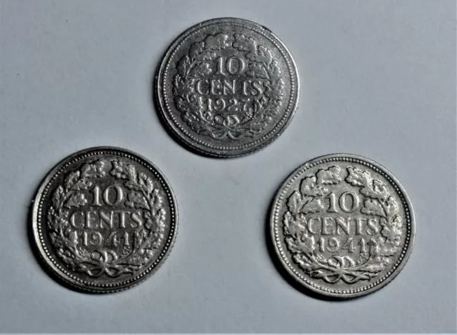 Nederlande 3x 10 Cents: 2x 1941 & 1x 1927 Wilh. 3x vz/ xf erhalten & mit Kapsel
