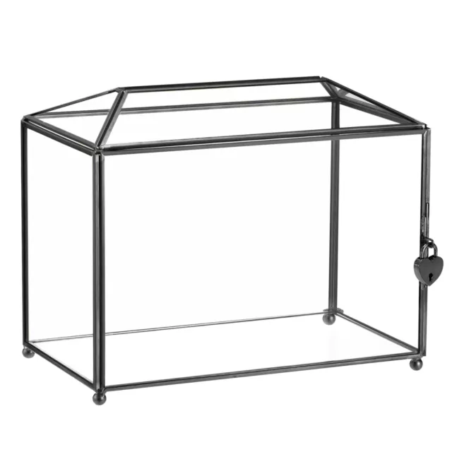 10" Glass Wedding Card Box with Lock, Clear Card Box for Reception Black