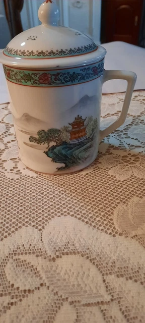 Traditional Chinese Jingdezhen Ceramic Tea Cup Mug Bonsai Tree Temple
