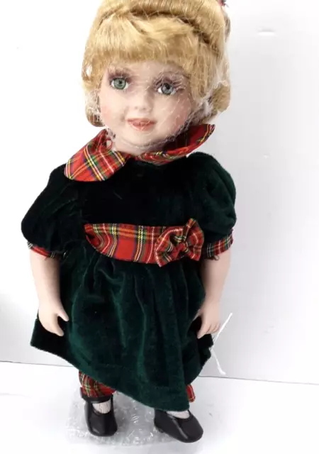 Rachel Porcelain Doll, Green & Red Heritage Signature Collection 12" with Stand