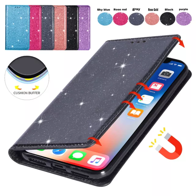 Magnet Handyhülle Für iPhone 14 13 12 11 Pro Max Mini Bling Glitzer Leder Tasche