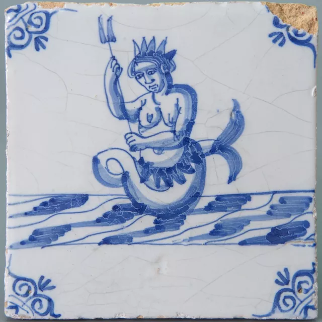Nice Dutch Delft Blue tile, sea creature, Neptune, 17th century.