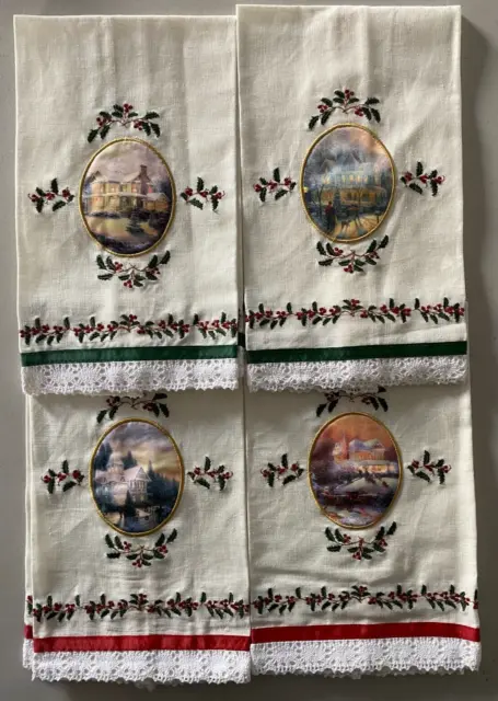THOMAS KINKADE Set of 4 CHRISTMAS Guest Fingertip Towels Applique & Lace Trim