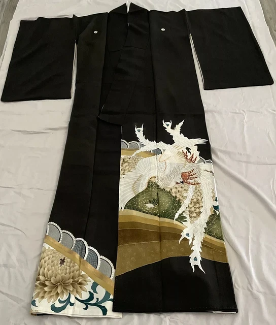Vintage Japanese Kimono TOMESODE Black Silk Bird Of Paradise￼ Flowers ￼