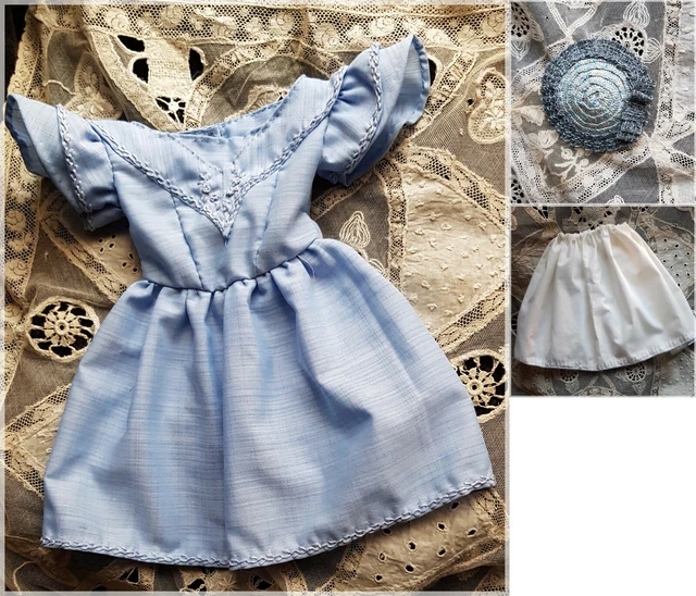 ensemble poupée huret ou autre poupée de mode ancienne, robe + chapeau + jupon