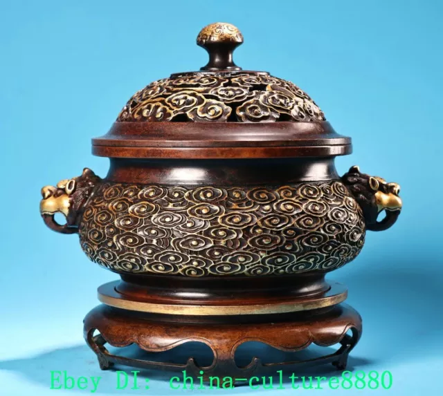 8 "antique monté cuivre violet 24 K or dragon lion tête encensoir censer