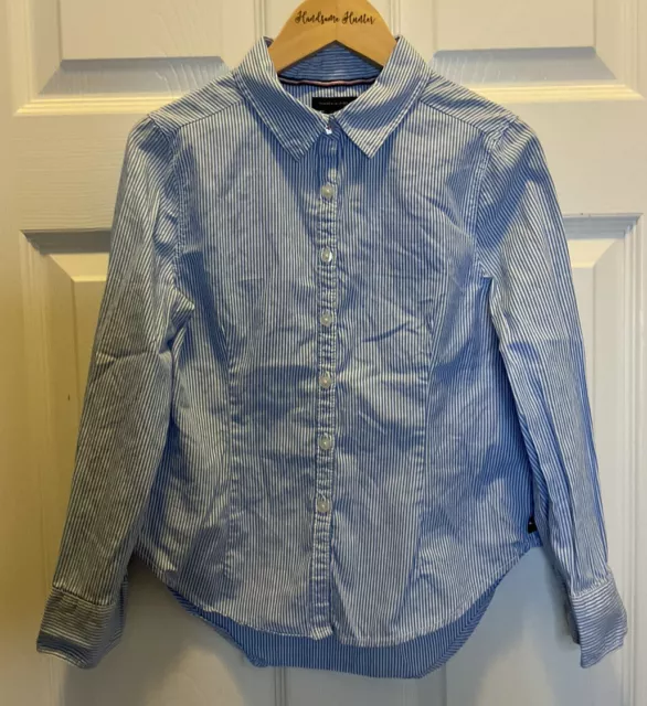 Tommy Hilfiger Girls S (7) Blue White Pinstripe Fitted Long Sleeve Button Up Top