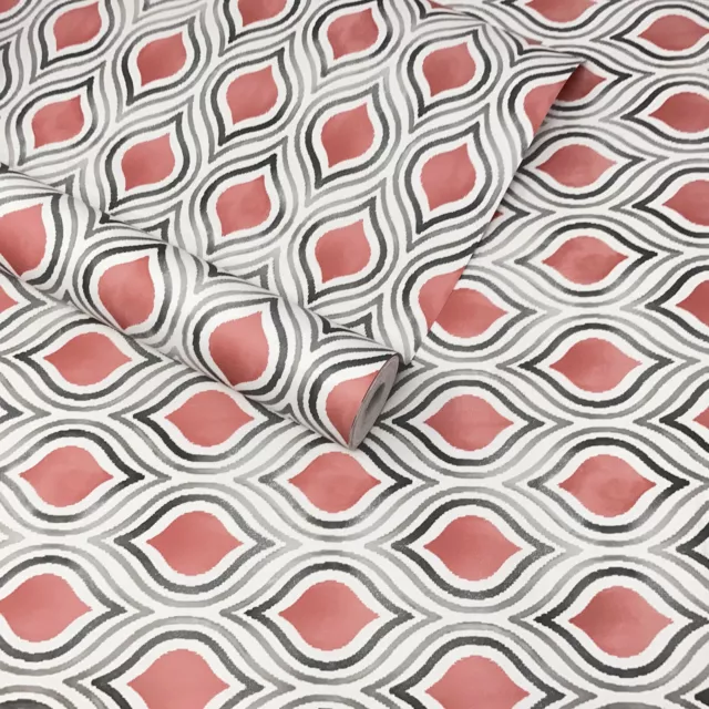 Fine Decor - White, Grey & Coral Red Geometric Ogee Wave Wallpaper - FD22702