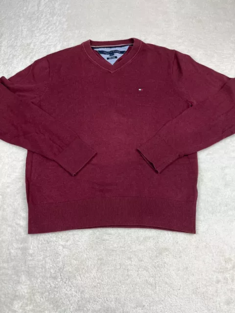 Tommy Hilfiger V Neck Sweater Mens Size Small Maroon Pima Cotton Tight Knit