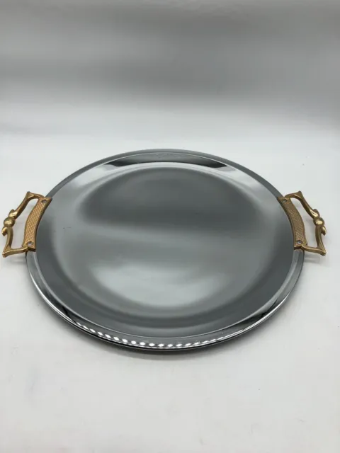 Vintage "Kromex Usa" Chrome Round Butler's Serving Tray Gold Tone Handles