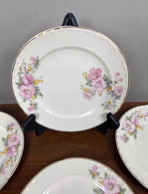 Crooksville China Co Vintage 8" Pink Floral Salad Plates Set /4 Crazed 1930's