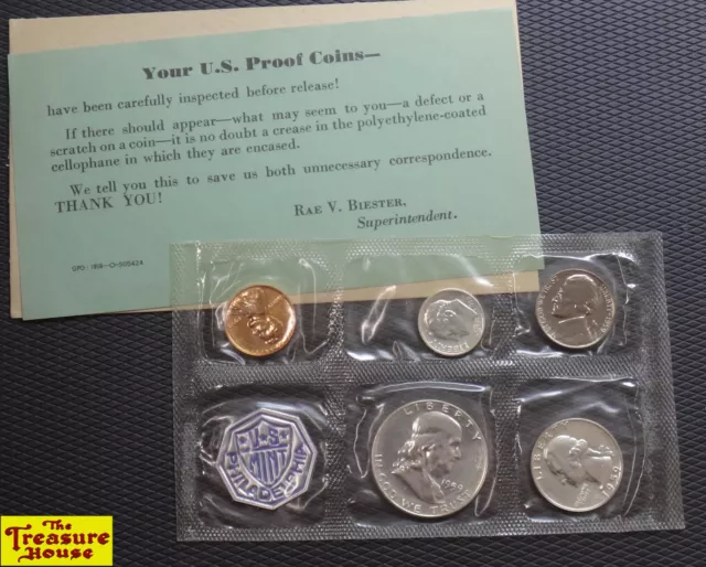 1959 US Mint Silver Proof Set 5 Coins 90% Silver 50C 25C 10C + 5C 1C Sealed
