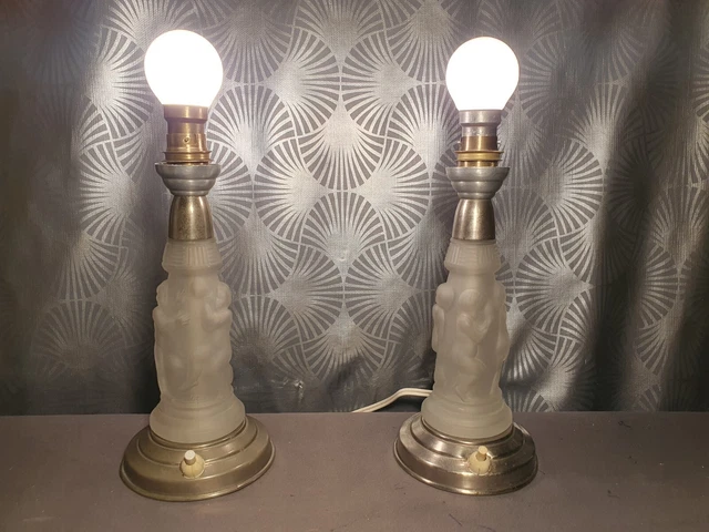 ancienne paire pied de lampes en verre art déco 1930 COSTEBELLE sculpture enfant