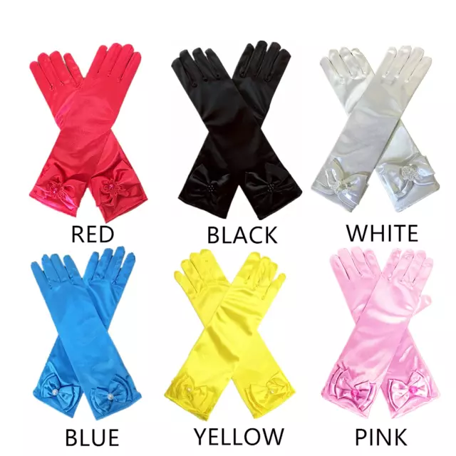 6 Pairs Elegant Pearl Bow Stretch Satin Long Finger Dress Gloves for Girls Kids