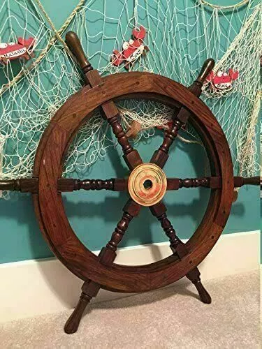 24" Brass Nautical Captain Brown Wooden Ship Steering Wheel Handle Sailing Décor