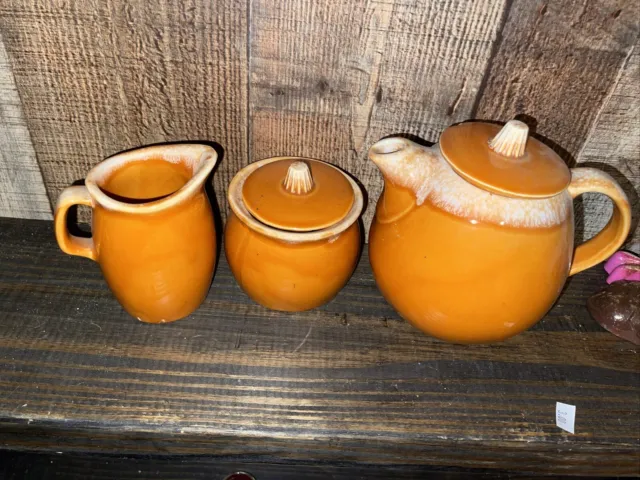 Hull Pottery USA Orange/ Tangerine Creamer and Sugar Pitcher Vtg  USA oven proof