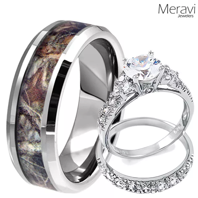 Womens 925 Sterling Silver CZ Ring & Mens Titanium Mossy Forest Oak Camo Band