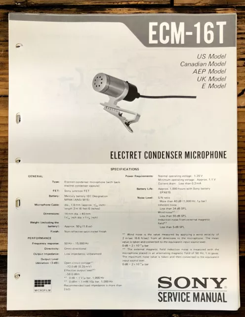 Manual de servicio de micrófono Sony ECM-16T *Original*