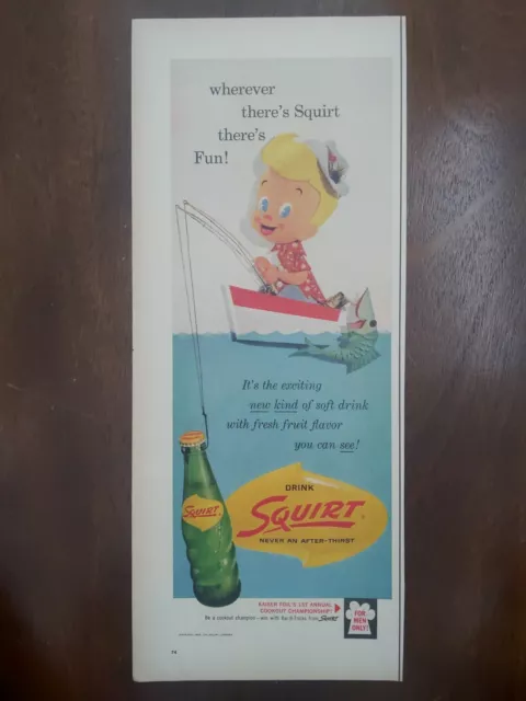 1959 vintage squirt print ad. cartoon boy fishing boat.