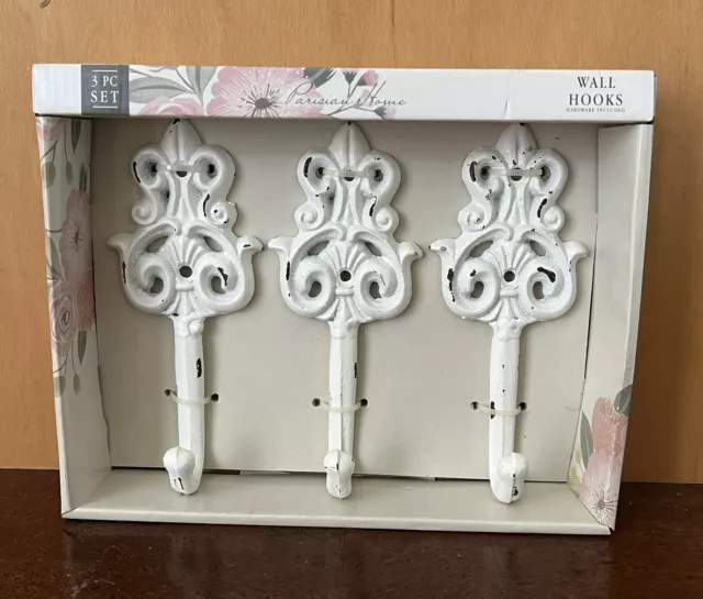 Cast Iron Decorative Wall Hooks White Powder Coat French Antique Style 3 pcs NIB