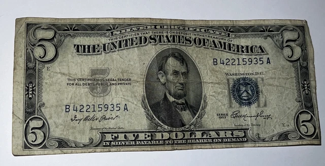 ✯$5 Silver Certificate Note✯ Blue Seal  Lincoln  5$ Bill 1953