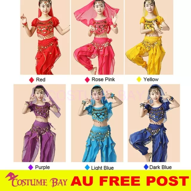 Kids Girls India Belly Dance Set Top Pants Bracelet Scarf Coin Costume Book Week